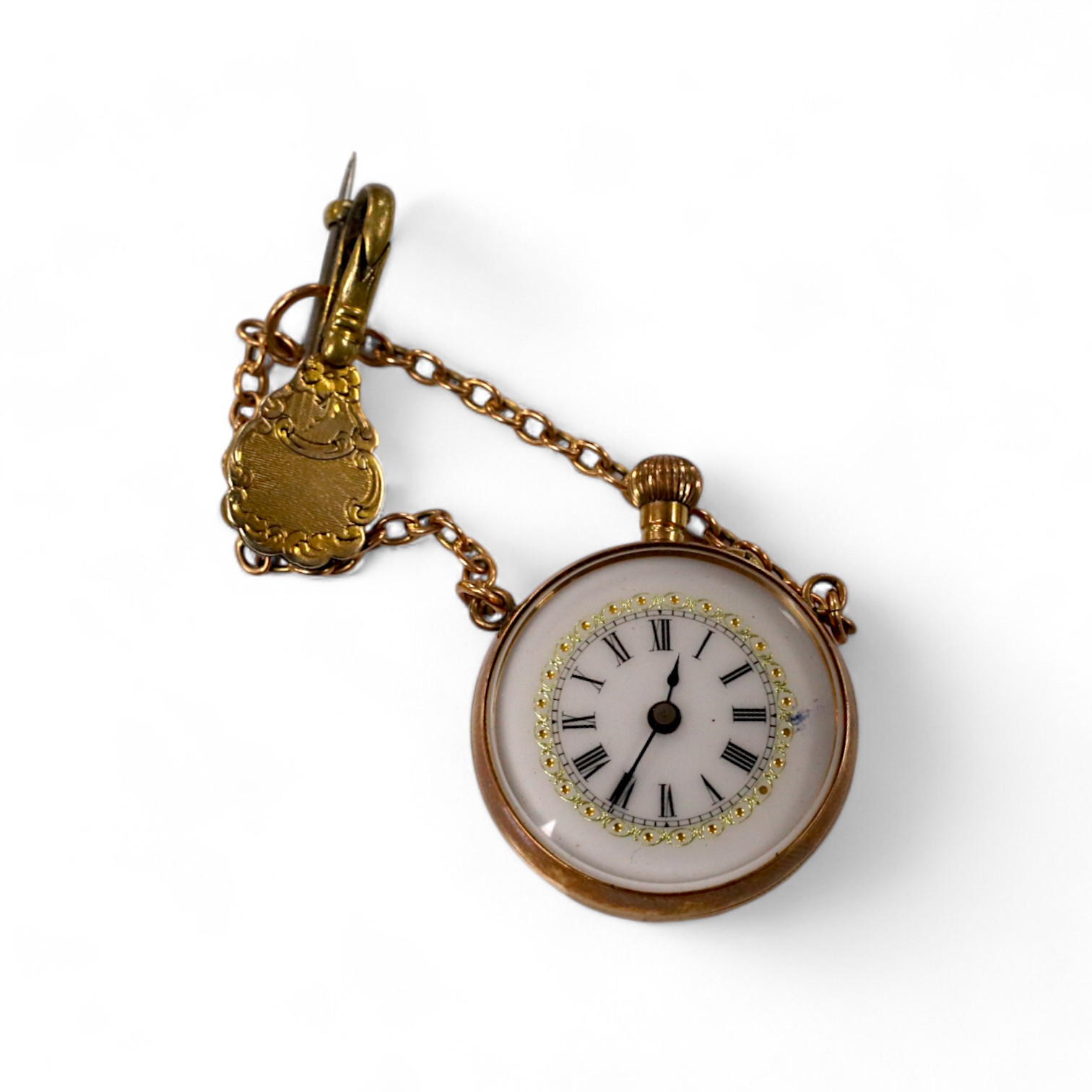 A lady's yellow metal mounted fob watch, with Roman dial and suspension chain with brooch, case diameter 26mm. Condition - fair